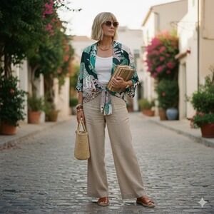 Nine West Tropical Kimono Tie Front Top | Mixed Print Boho Coverup OS Vacation‎